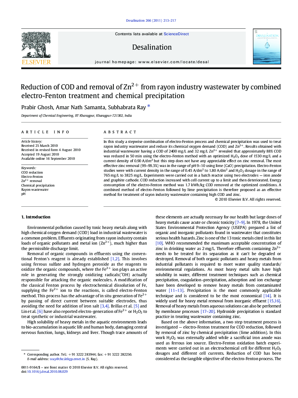 Reduction of COD and removal of Zn2+ from rayon industry wastewater by combined electro-Fenton treatment and chemical precipitation