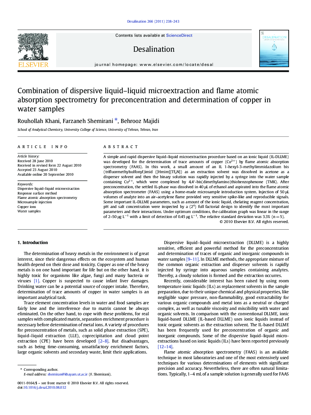 Combination of dispersive liquid–liquid microextraction and flame atomic absorption spectrometry for preconcentration and determination of copper in water samples