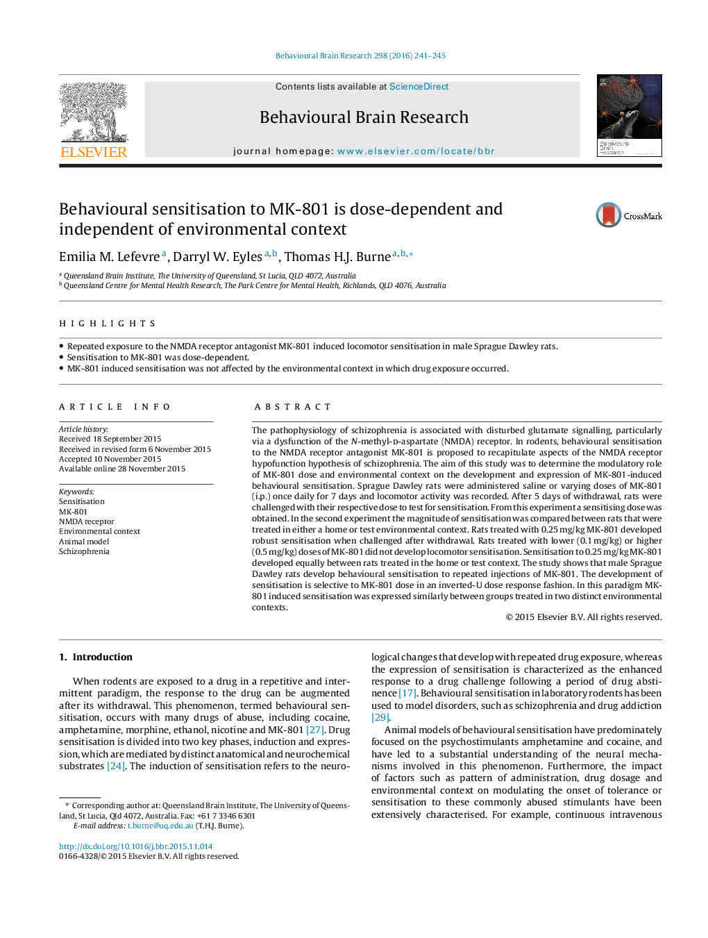 Behavioural sensitisation to MK-801 is dose-dependent and independent of environmental context