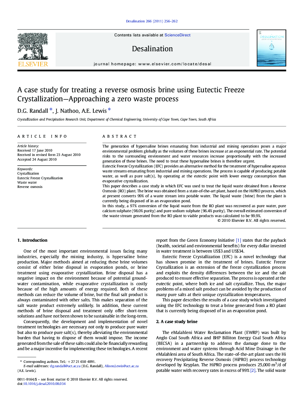 A case study for treating a reverse osmosis brine using Eutectic Freeze Crystallization—Approaching a zero waste process