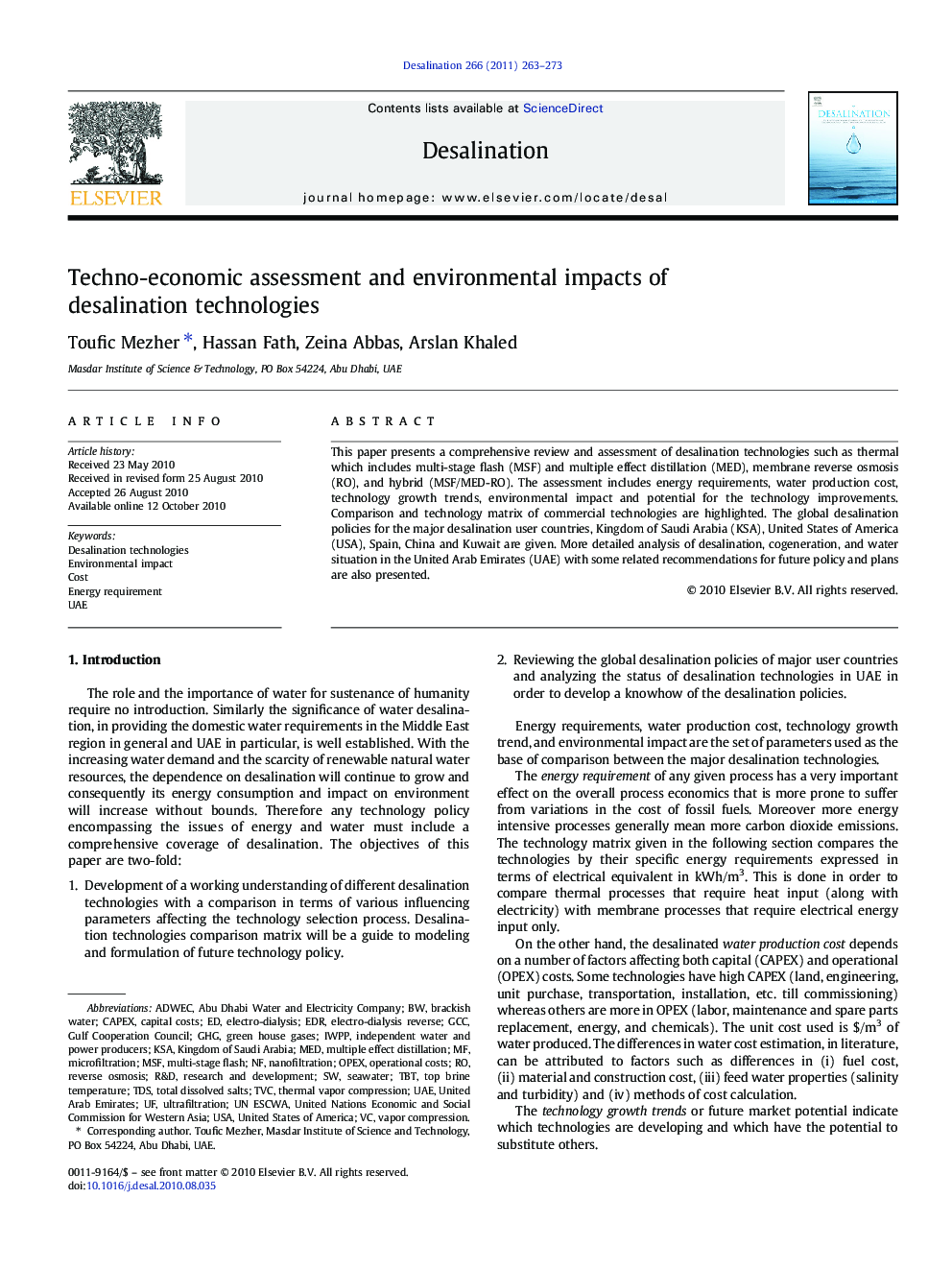 Techno-economic assessment and environmental impacts of desalination technologies