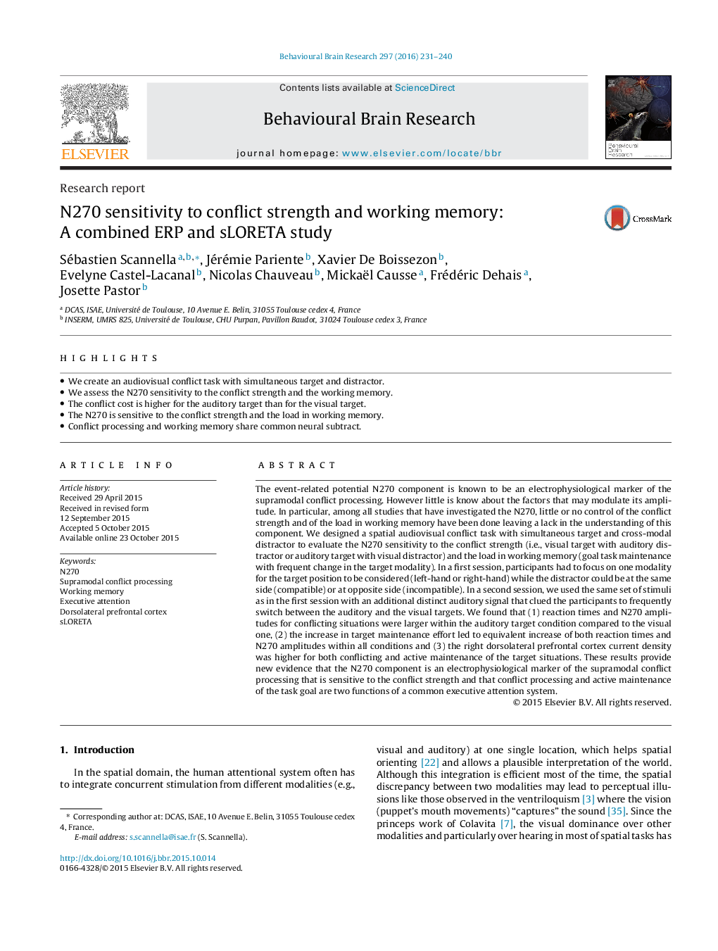 Research reportN270 sensitivity to conflict strength and working memory: A combined ERP and sLORETA study