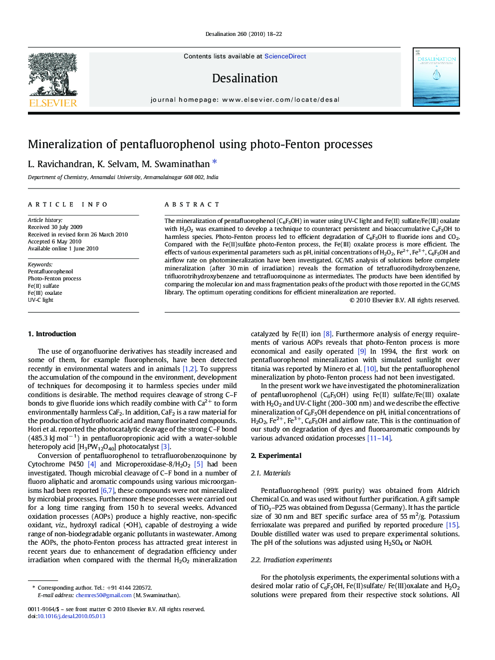 Mineralization of pentafluorophenol using photo-Fenton processes