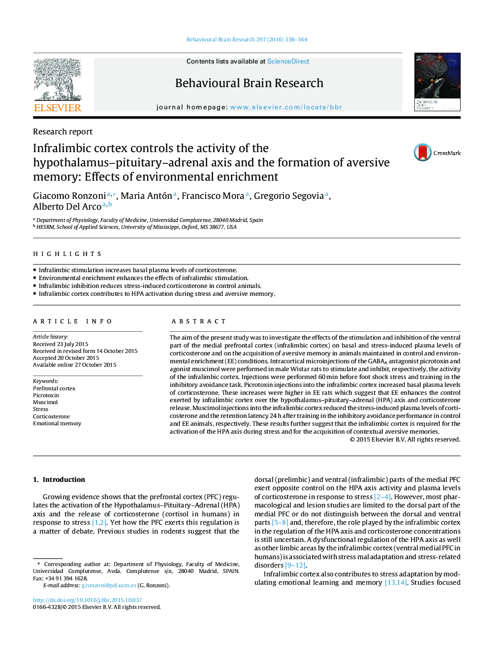 Research reportInfralimbic cortex controls the activity of the hypothalamus-pituitary-adrenal axis and the formation of aversive memory: Effects of environmental enrichment