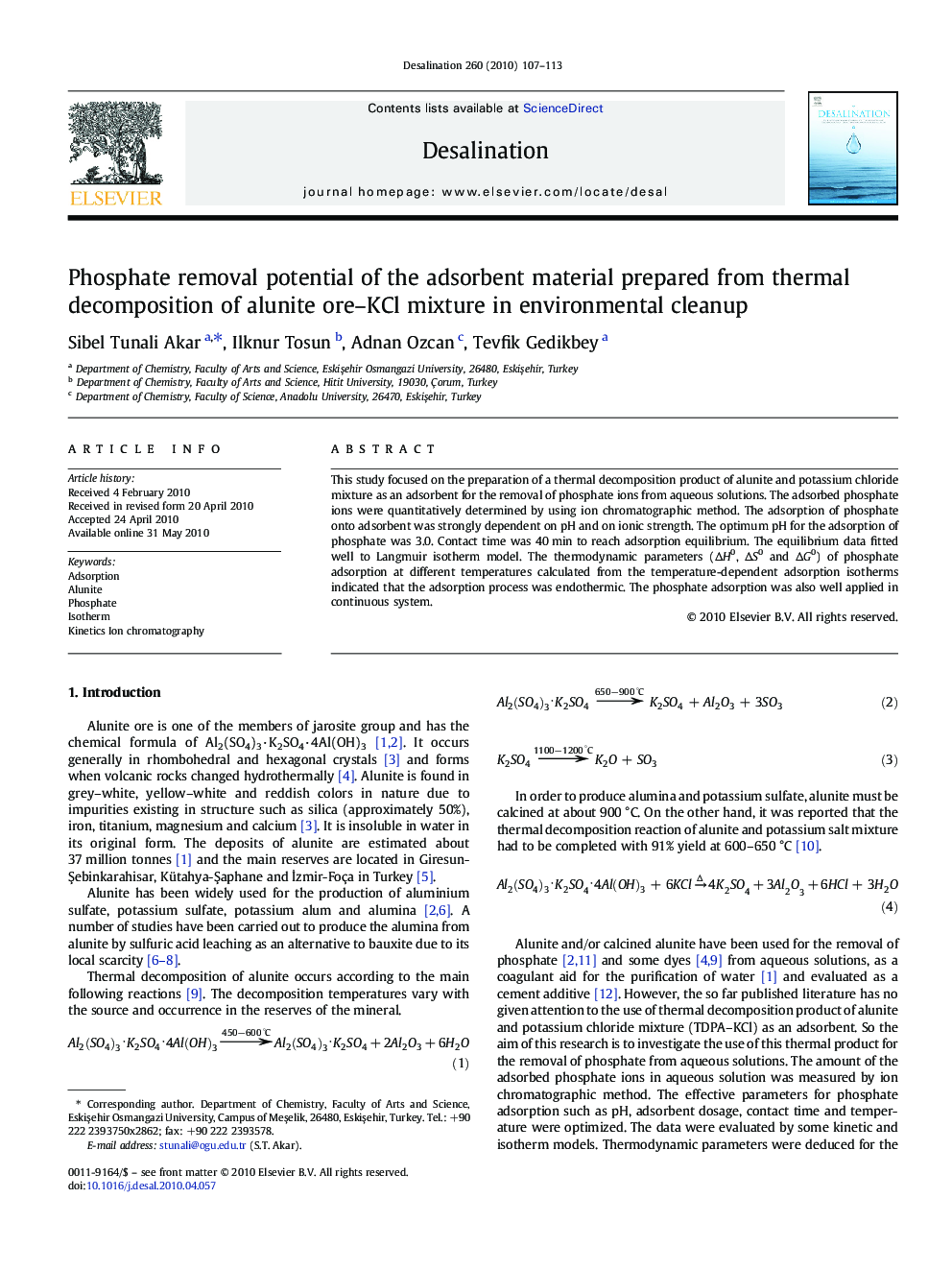 Phosphate removal potential of the adsorbent material prepared from thermal decomposition of alunite ore–KCl mixture in environmental cleanup