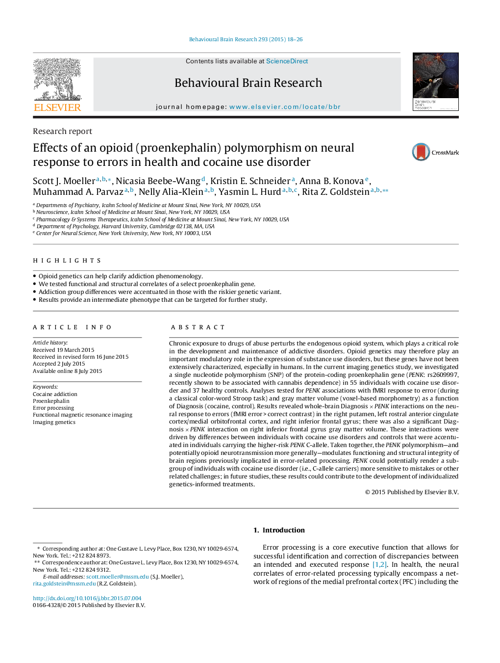 Research reportEffects of an opioid (proenkephalin) polymorphism on neural response to errors in health and cocaine use disorder