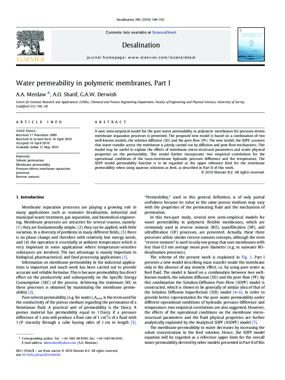 Water permeability in polymeric membranes, Part I