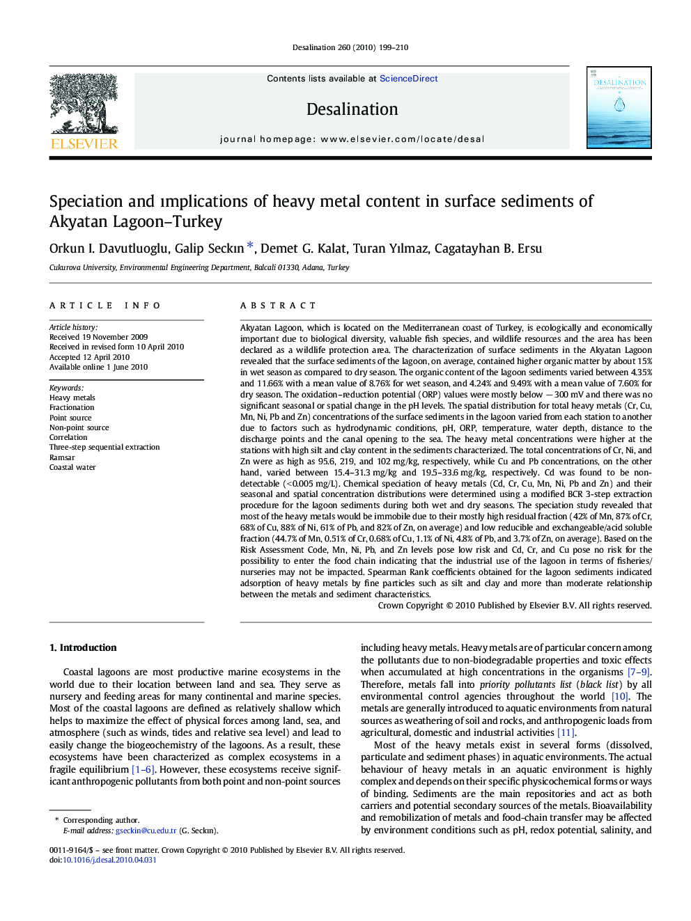 Speciation and ımplications of heavy metal content in surface sediments of Akyatan Lagoon–Turkey