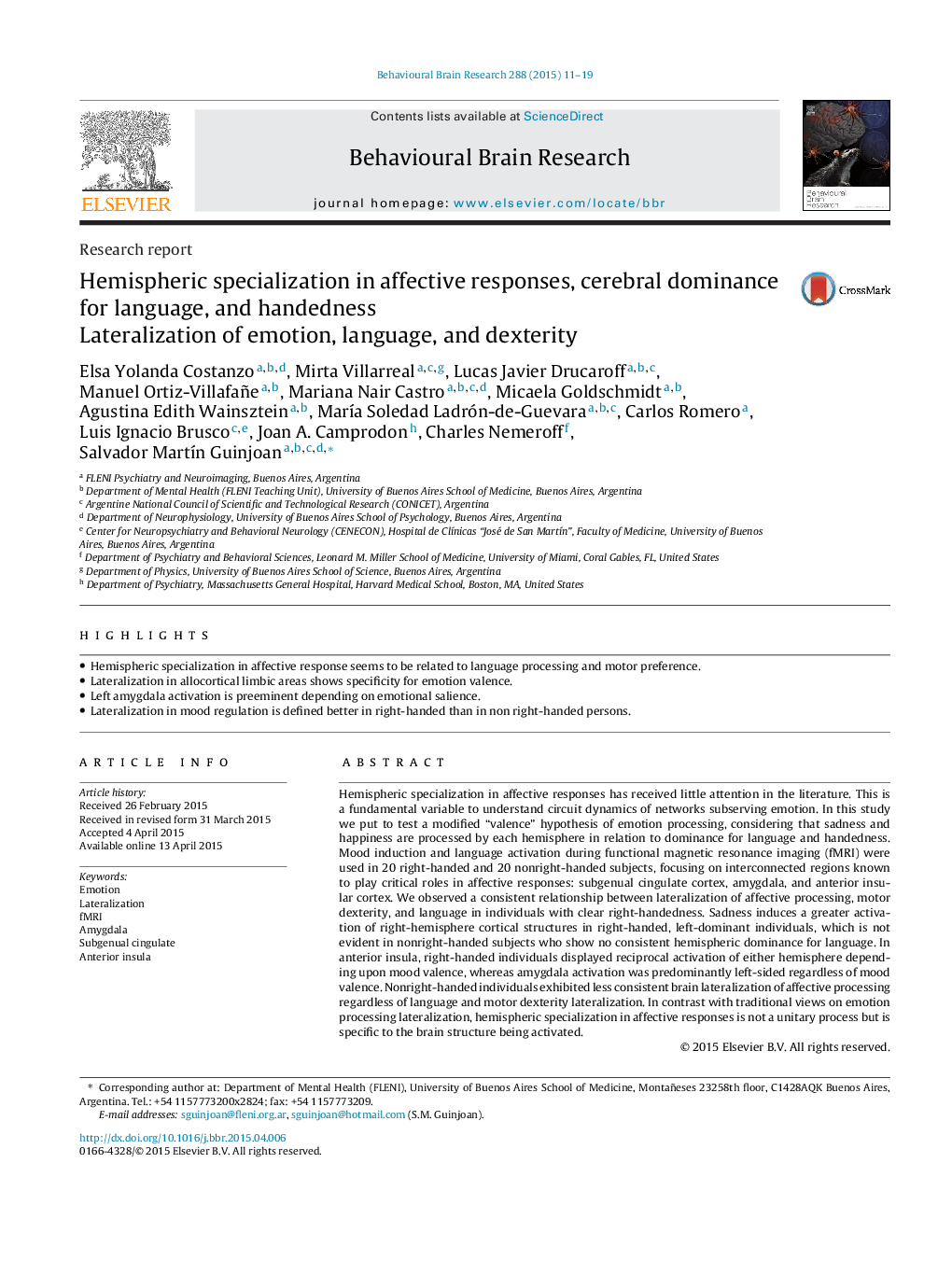 Research reportHemispheric specialization in affective responses, cerebral dominance for language, and handedness: Lateralization of emotion, language, and dexterity