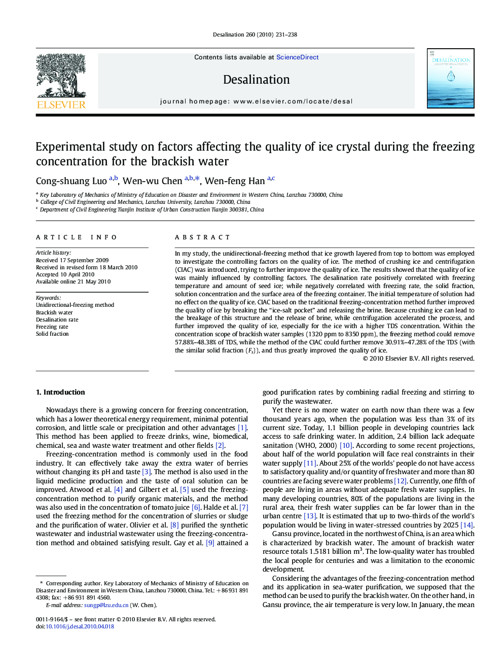 Experimental study on factors affecting the quality of ice crystal during the freezing concentration for the brackish water