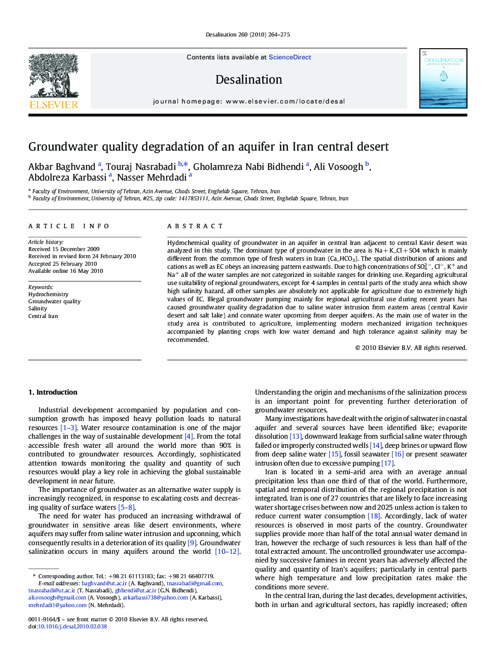 Groundwater quality degradation of an aquifer in Iran central desert