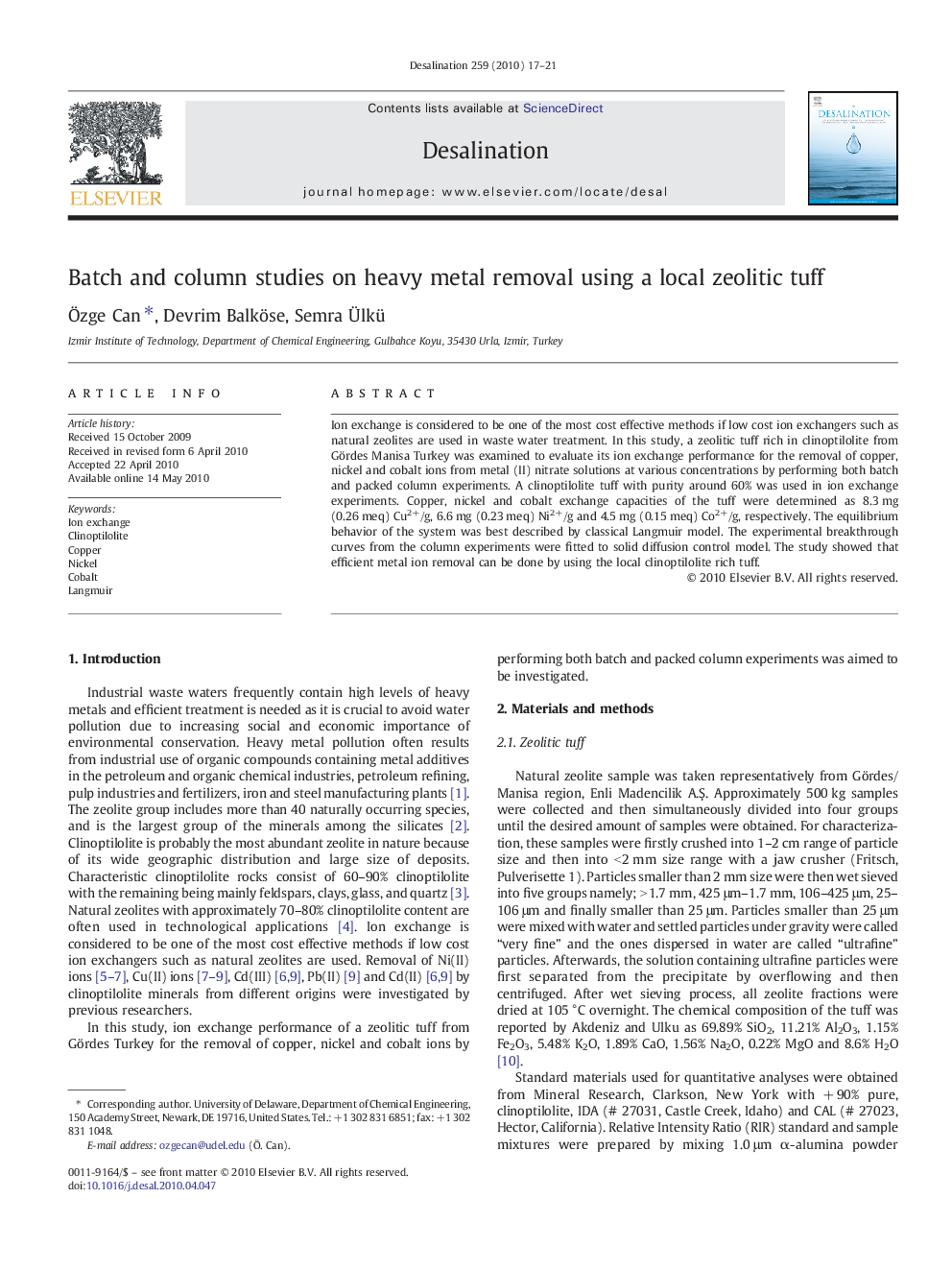 Batch and column studies on heavy metal removal using a local zeolitic tuff