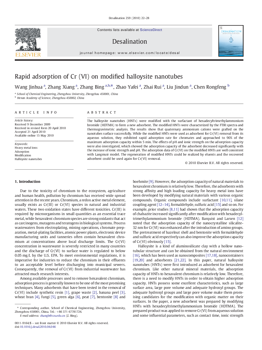 Rapid adsorption of Cr (VI) on modified halloysite nanotubes