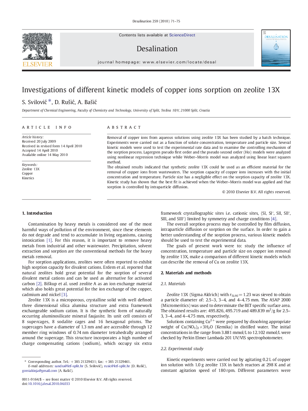 Investigations of different kinetic models of copper ions sorption on zeolite 13X