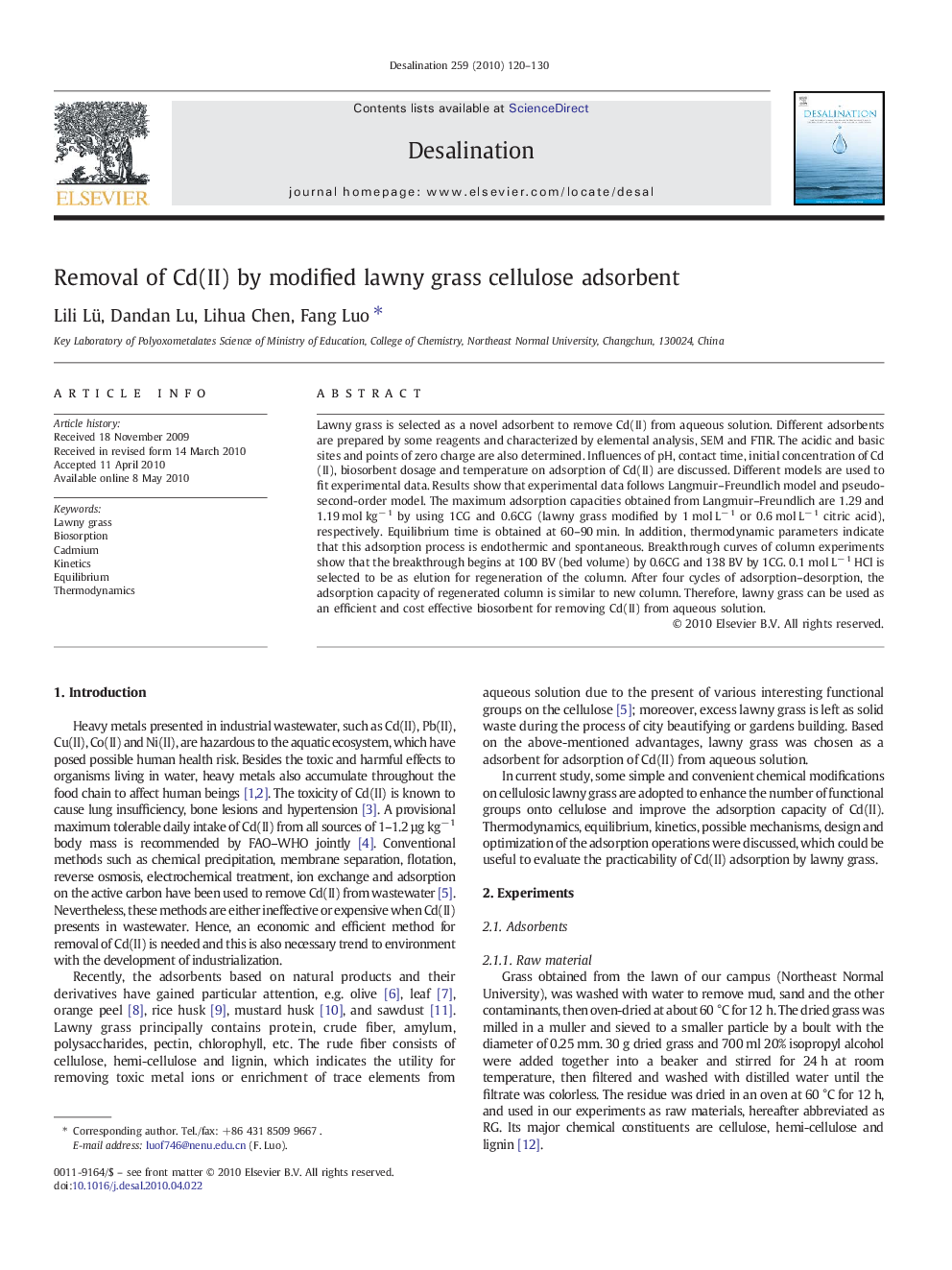 Removal of Cd(II) by modified lawny grass cellulose adsorbent