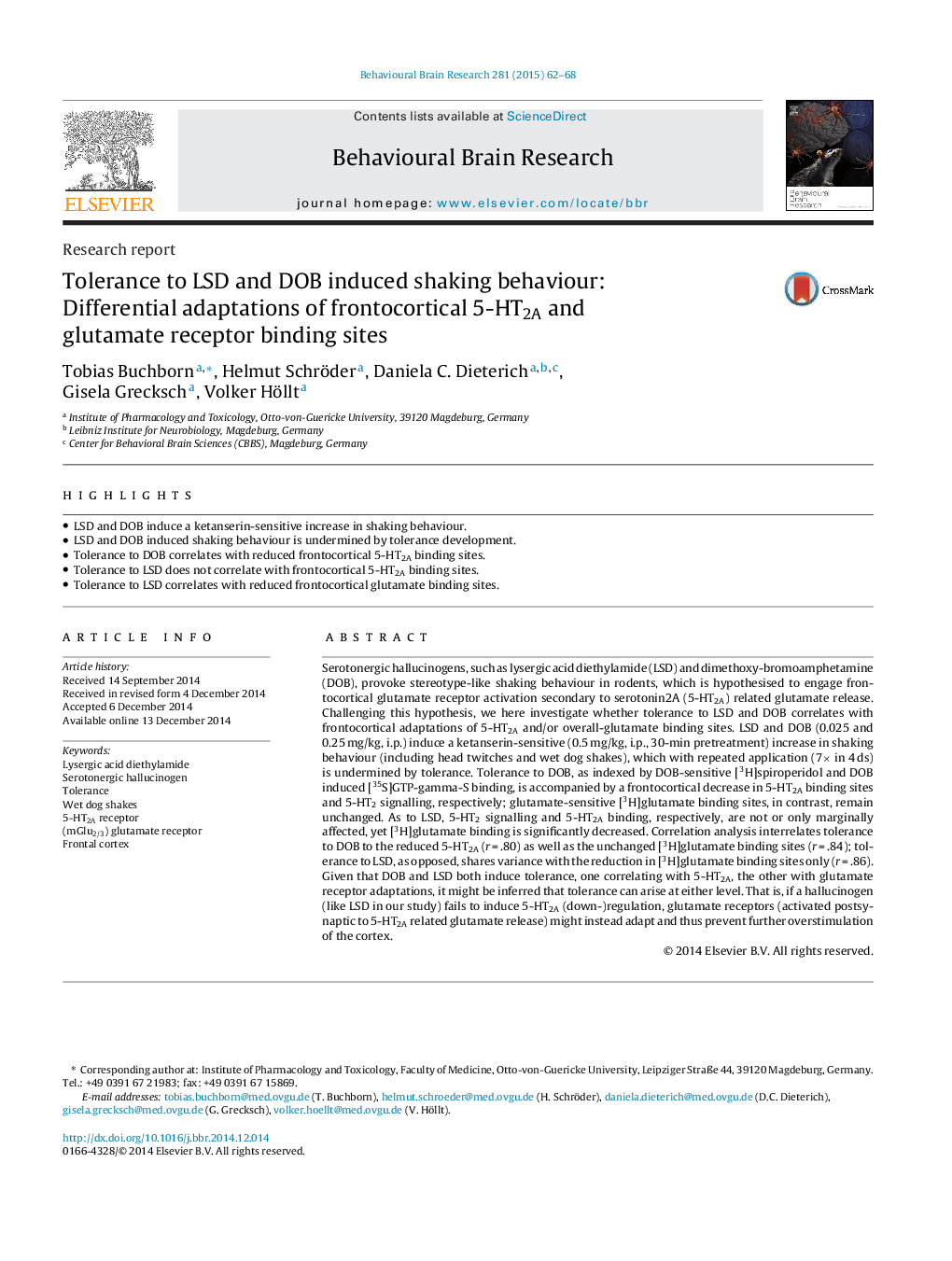 Research reportTolerance to LSD and DOB induced shaking behaviour: Differential adaptations of frontocortical 5-HT2A and glutamate receptor binding sites