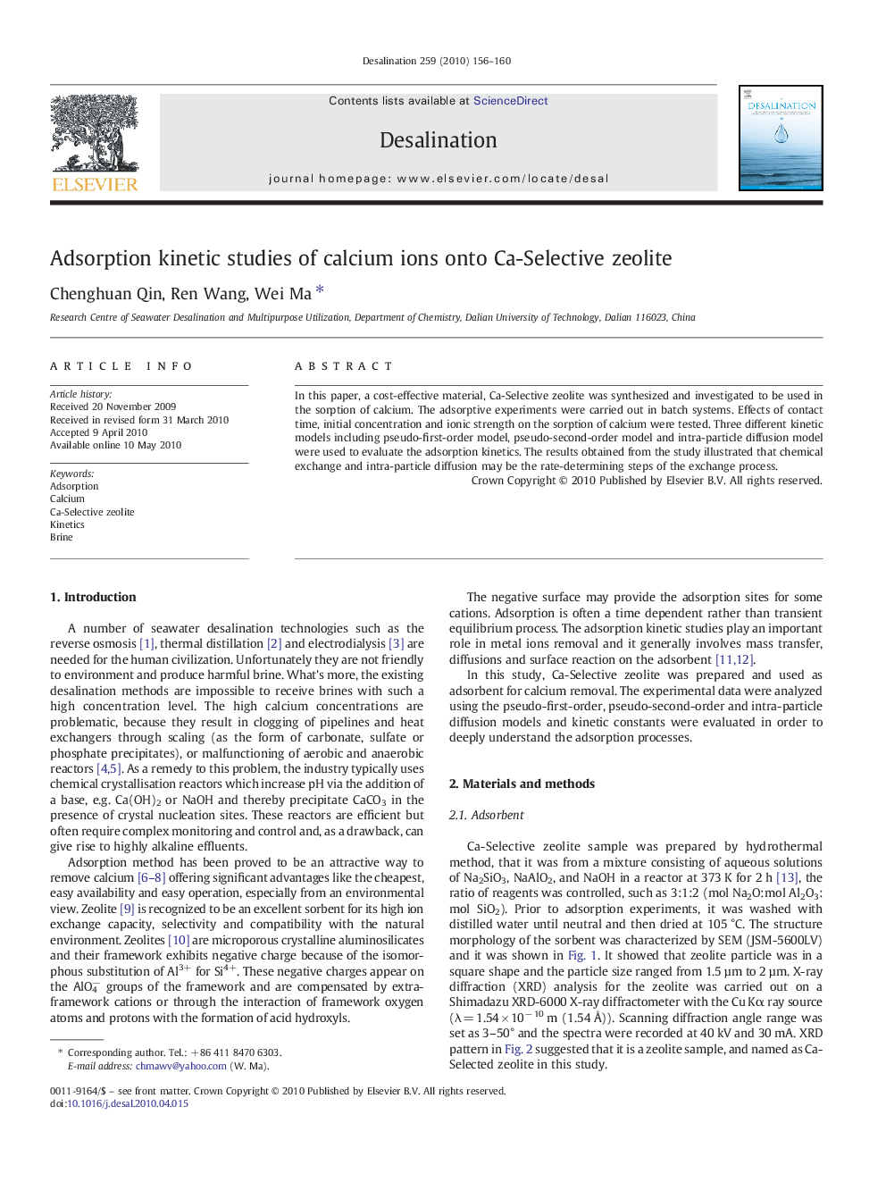 Adsorption kinetic studies of calcium ions onto Ca-Selective zeolite