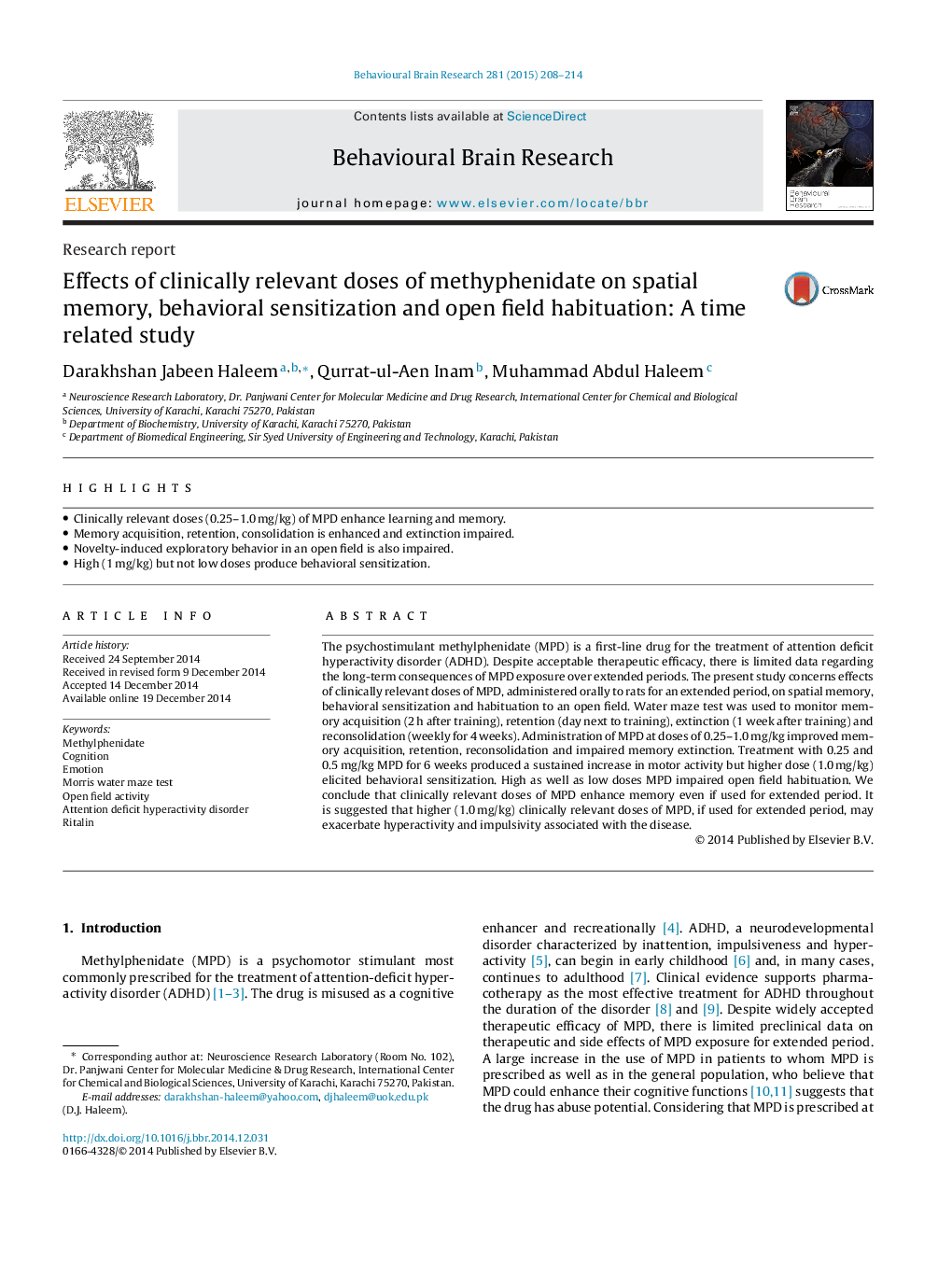 Research reportEffects of clinically relevant doses of methyphenidate on spatial memory, behavioral sensitization and open field habituation: A time related study