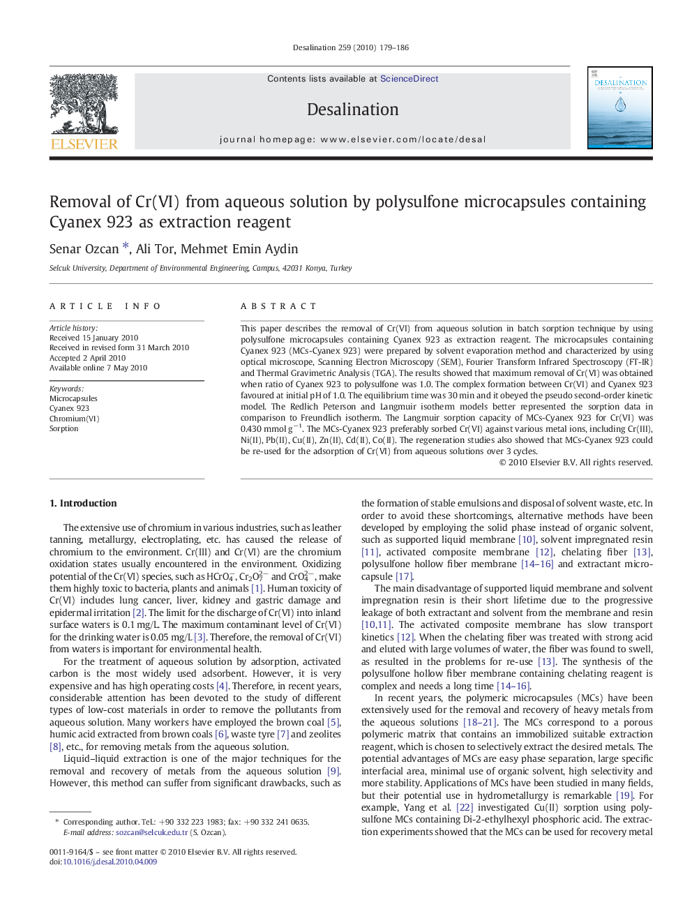 Removal of Cr(VI) from aqueous solution by polysulfone microcapsules containing Cyanex 923 as extraction reagent