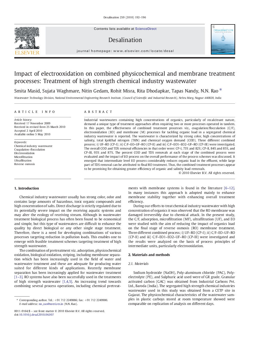 Impact of electrooxidation on combined physicochemical and membrane treatment processes: Treatment of high strength chemical industry wastewater