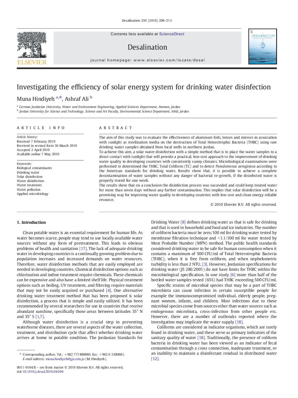 Investigating the efficiency of solar energy system for drinking water disinfection