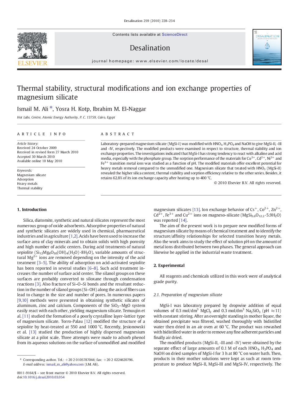 Thermal stability, structural modifications and ion exchange properties of magnesium silicate