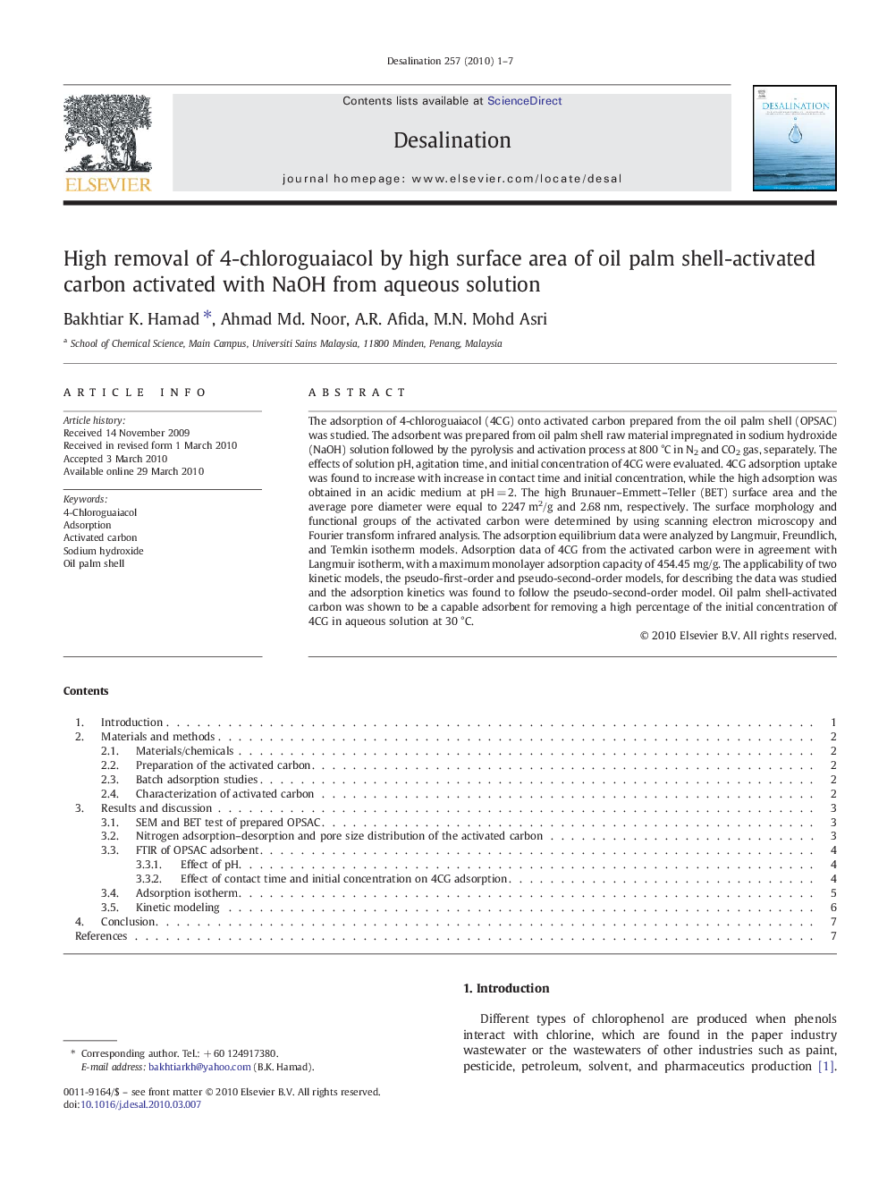 High removal of 4-chloroguaiacol by high surface area of oil palm shell-activated carbon activated with NaOH from aqueous solution