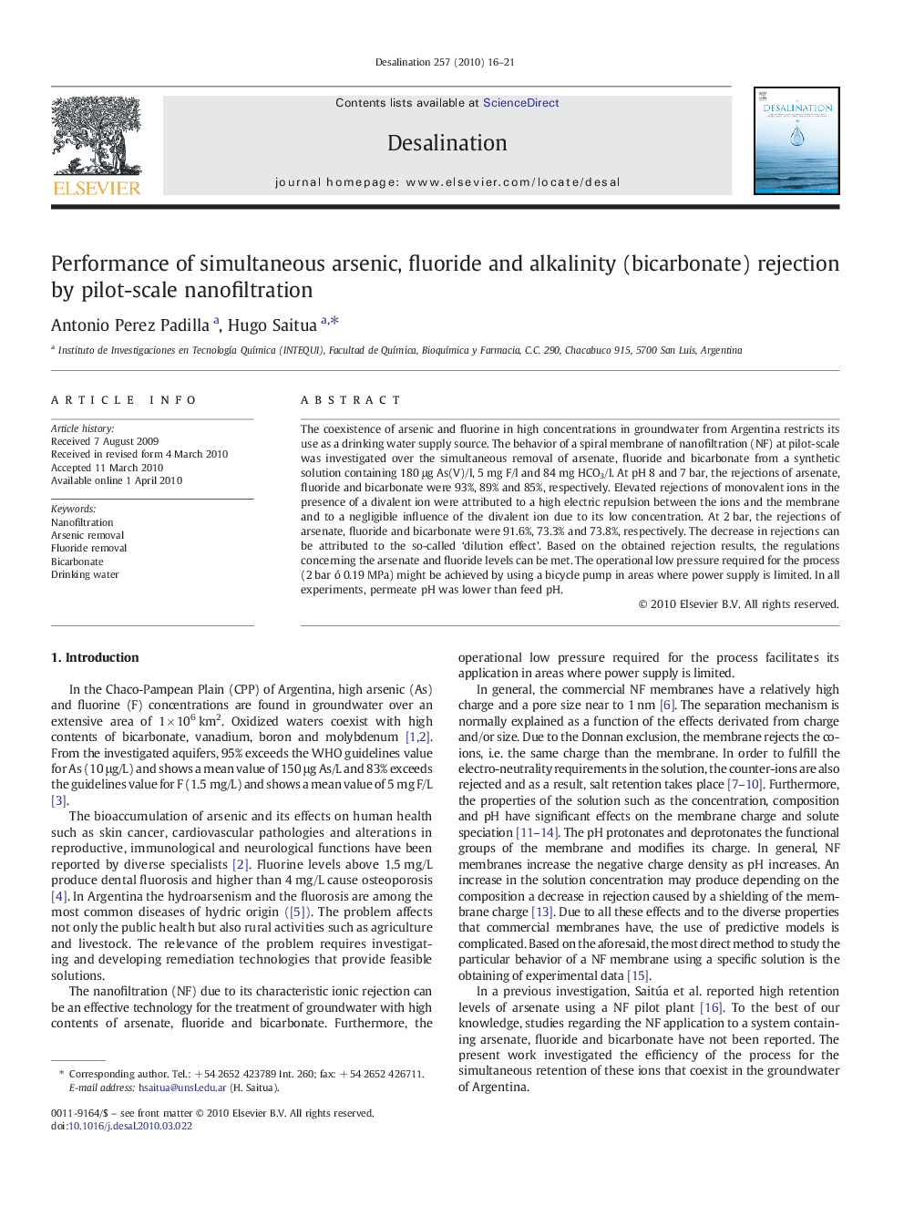 Performance of simultaneous arsenic, fluoride and alkalinity (bicarbonate) rejection by pilot-scale nanofiltration