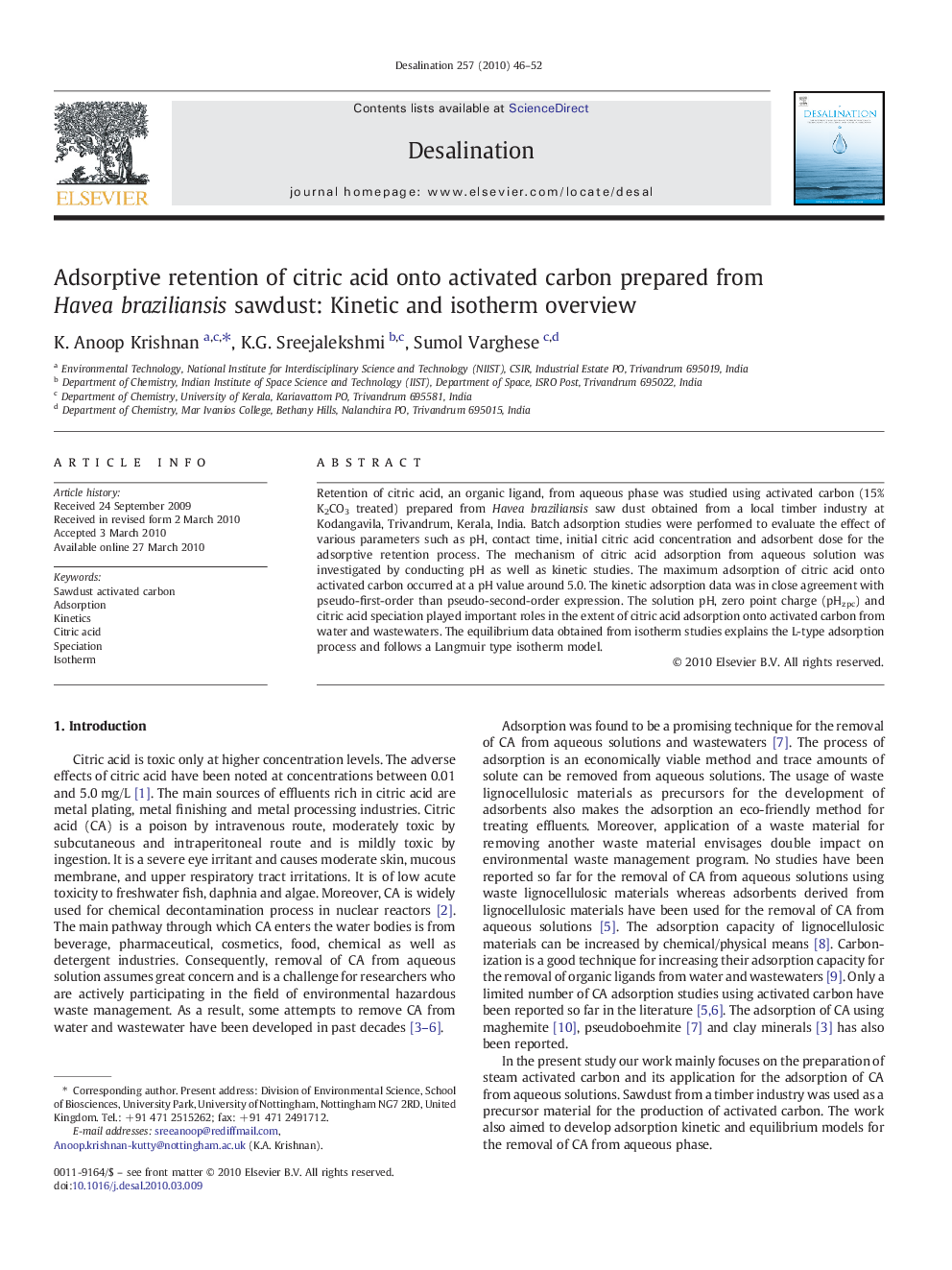 Adsorptive retention of citric acid onto activated carbon prepared from Havea braziliansis sawdust: Kinetic and isotherm overview