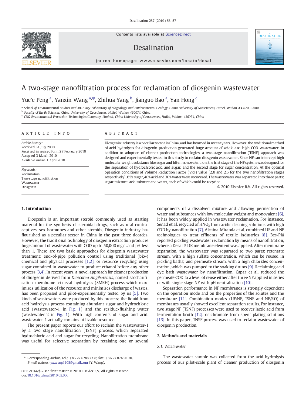 A two-stage nanofiltration process for reclamation of diosgenin wastewater