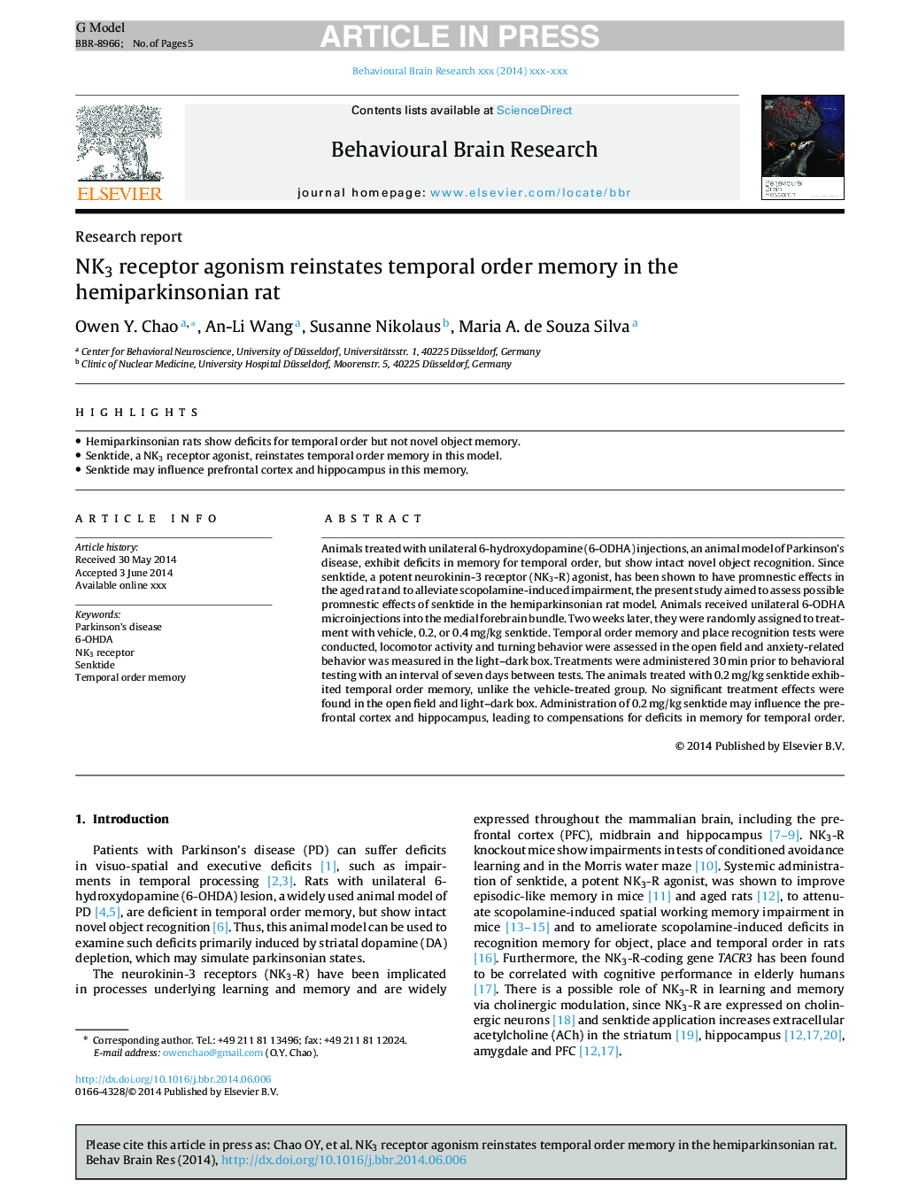 NK3 receptor agonism reinstates temporal order memory in the hemiparkinsonian rat