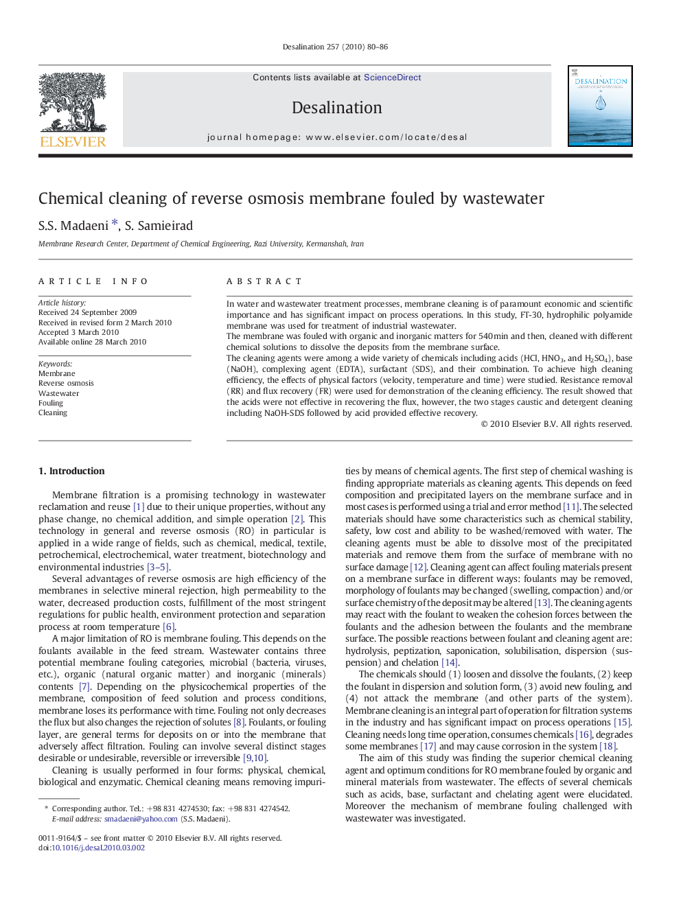 Chemical cleaning of reverse osmosis membrane fouled by wastewater