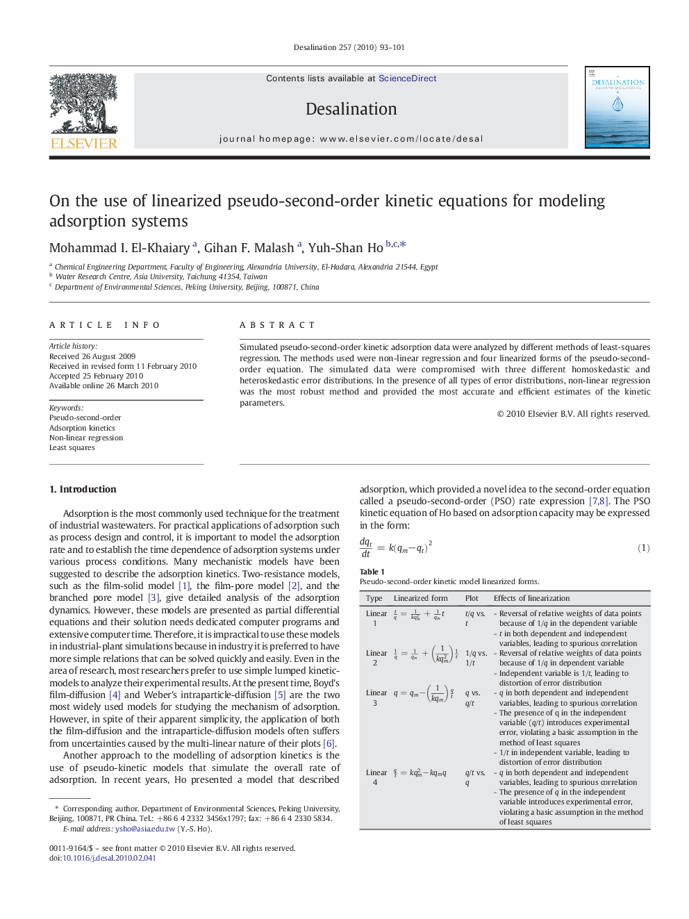 On the use of linearized pseudo-second-order kinetic equations for modeling adsorption systems