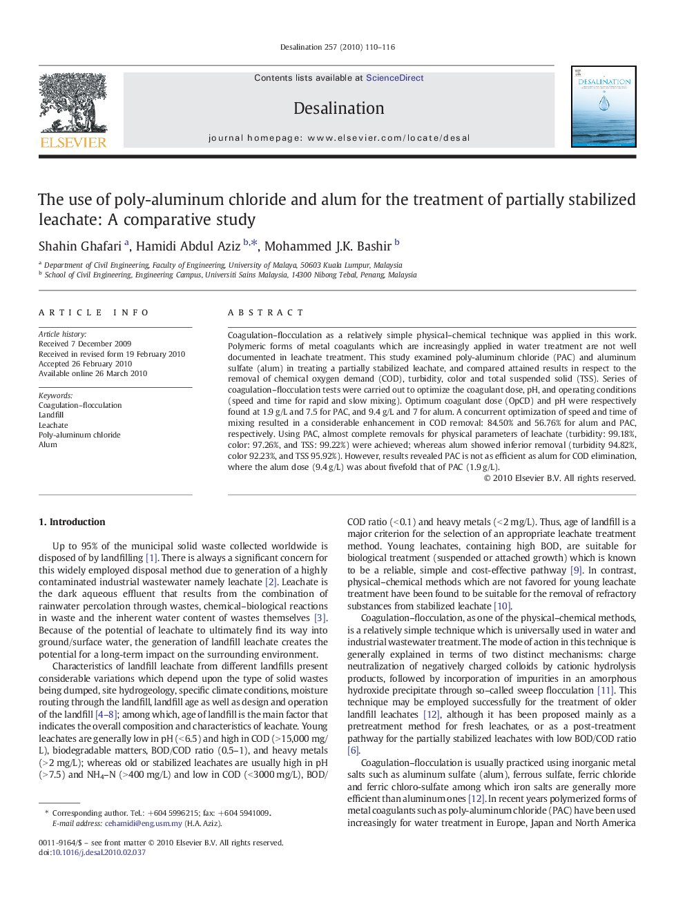 The use of poly-aluminum chloride and alum for the treatment of partially stabilized leachate: A comparative study