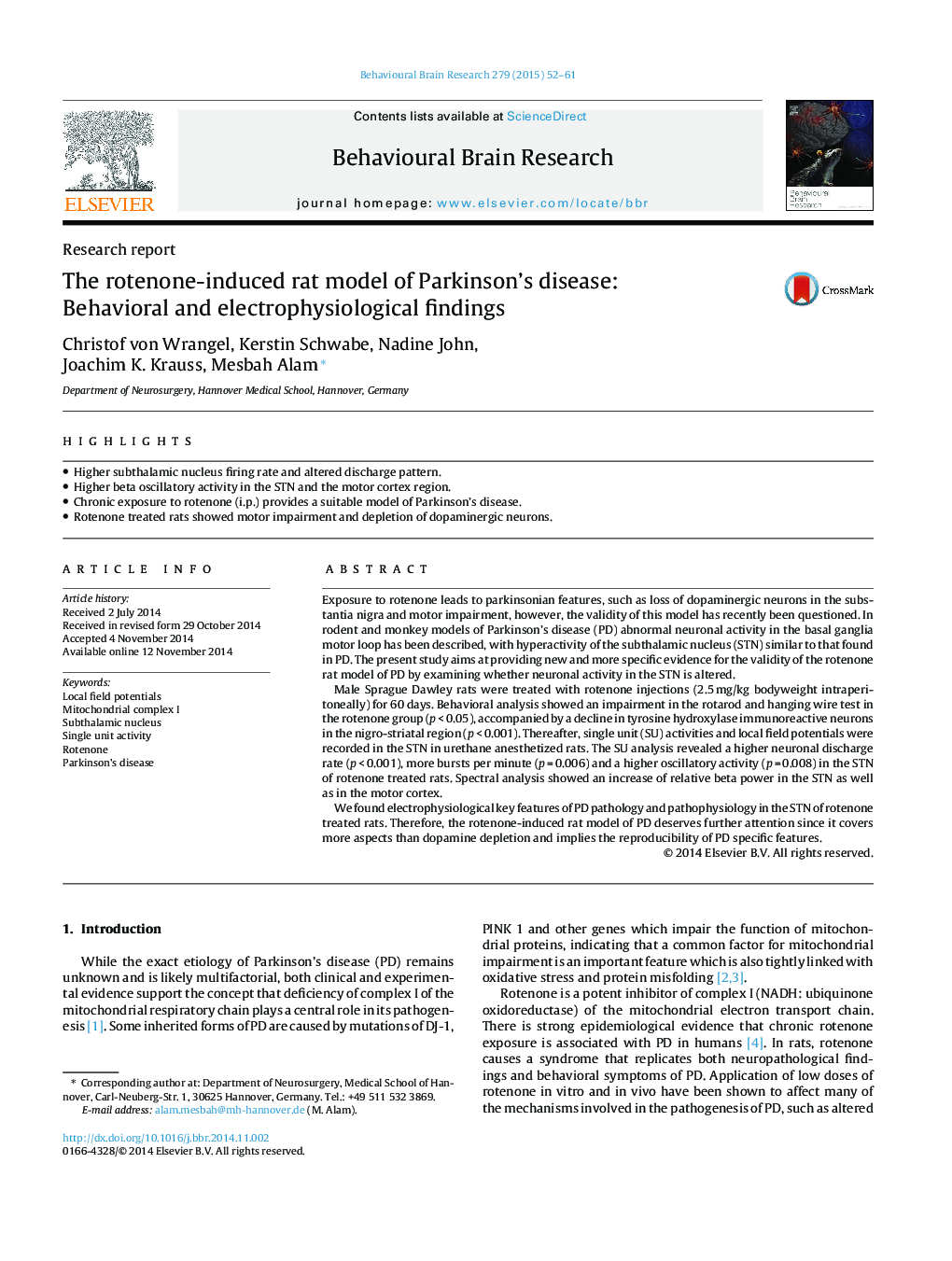 گزارش تحقیقاتی مدل رت موش مبتلا به روتنون بیماری پارکینسون: یافته های رفتاری و الکتروفیزیولوژیک 