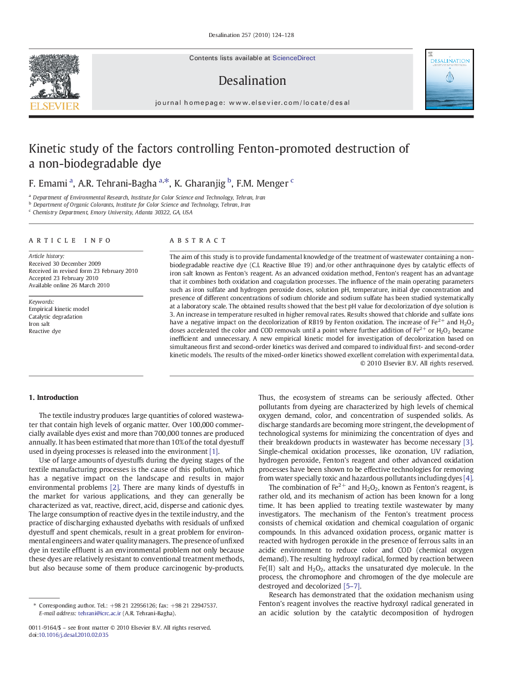 Kinetic study of the factors controlling Fenton-promoted destruction of a non-biodegradable dye