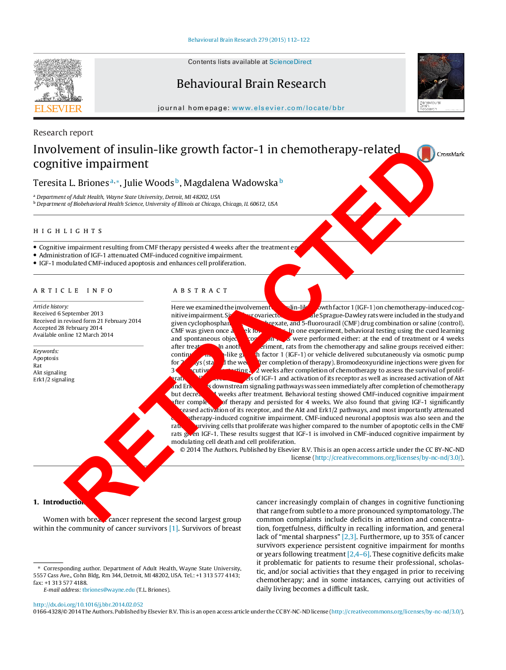 RETRACTED: Involvement of insulin-like growth factor-1 in chemotherapy-related cognitive impairment