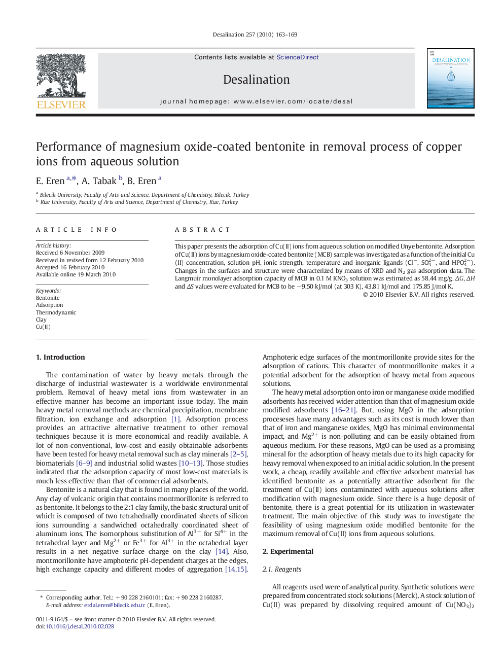 Performance of magnesium oxide-coated bentonite in removal process of copper ions from aqueous solution