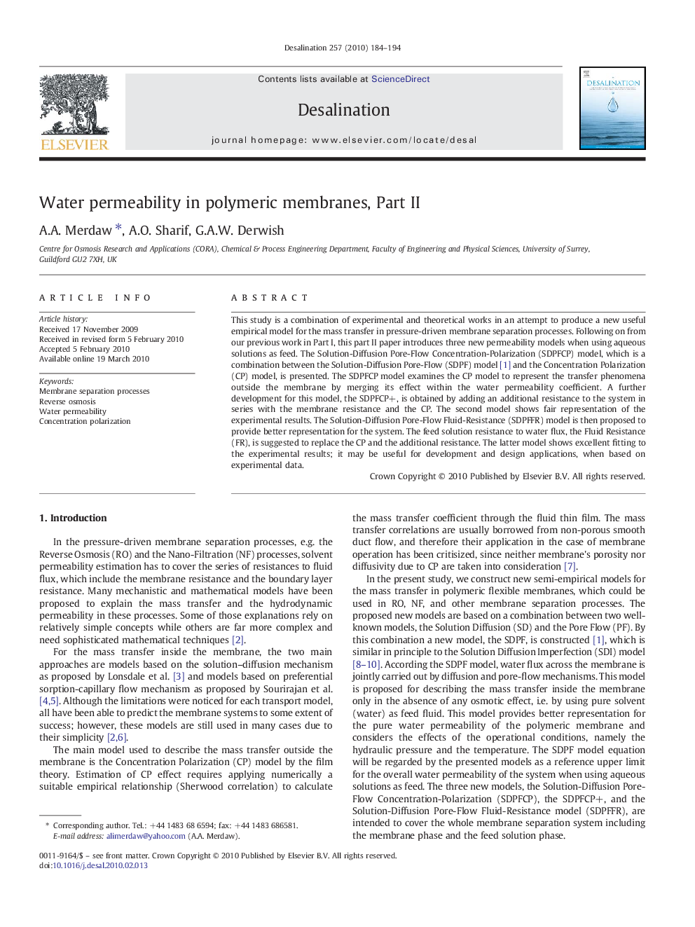 Water permeability in polymeric membranes, Part II