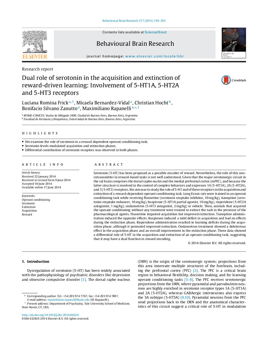 Research reportDual role of serotonin in the acquisition and extinction of reward-driven learning: Involvement of 5-HT1A, 5-HT2A and 5-HT3 receptors