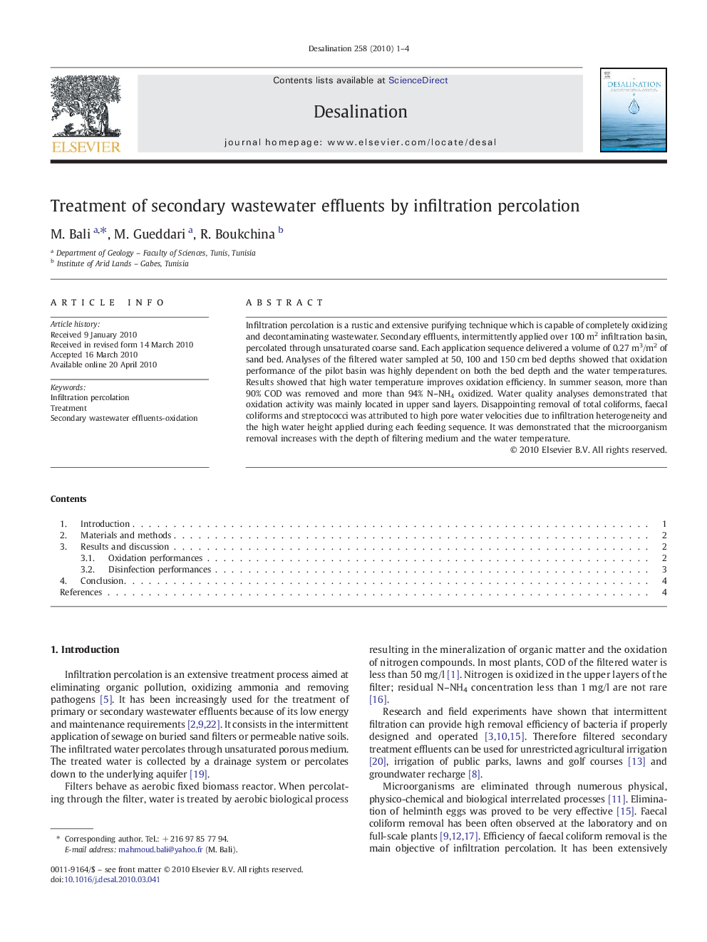 Treatment of secondary wastewater effluents by infiltration percolation