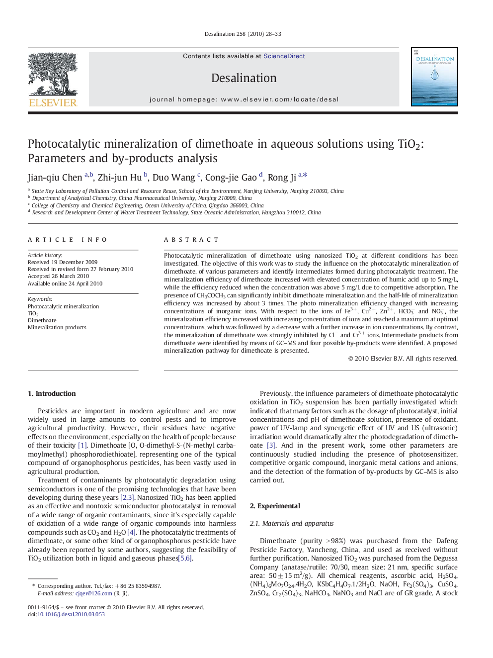 Photocatalytic mineralization of dimethoate in aqueous solutions using TiO2: Parameters and by-products analysis