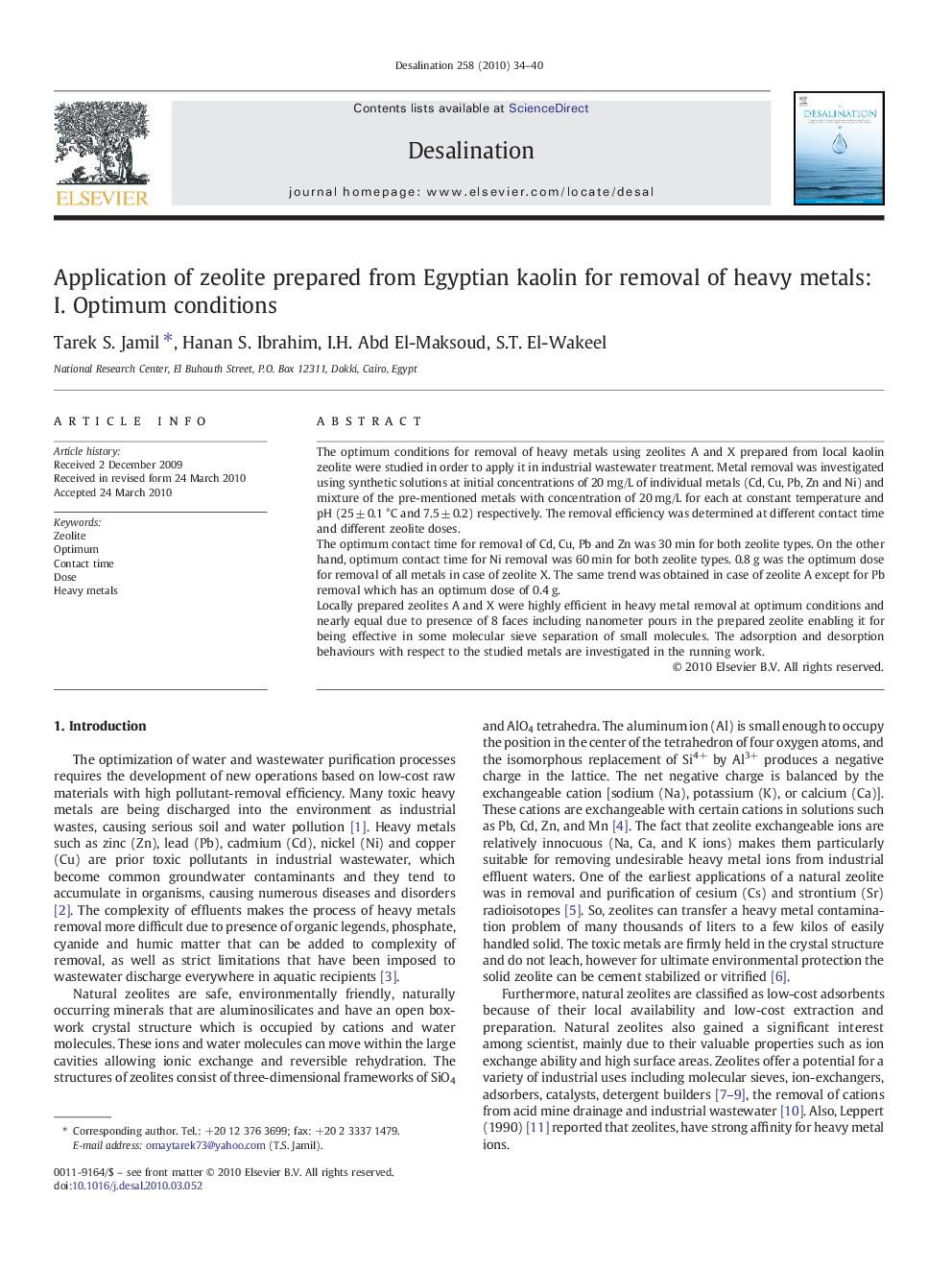 Application of zeolite prepared from Egyptian kaolin for removal of heavy metals: I. Optimum conditions