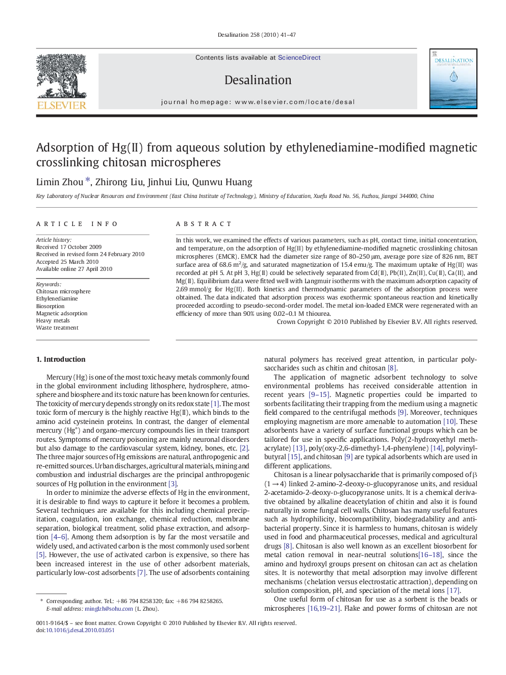 Adsorption of Hg(II) from aqueous solution by ethylenediamine-modified magnetic crosslinking chitosan microspheres