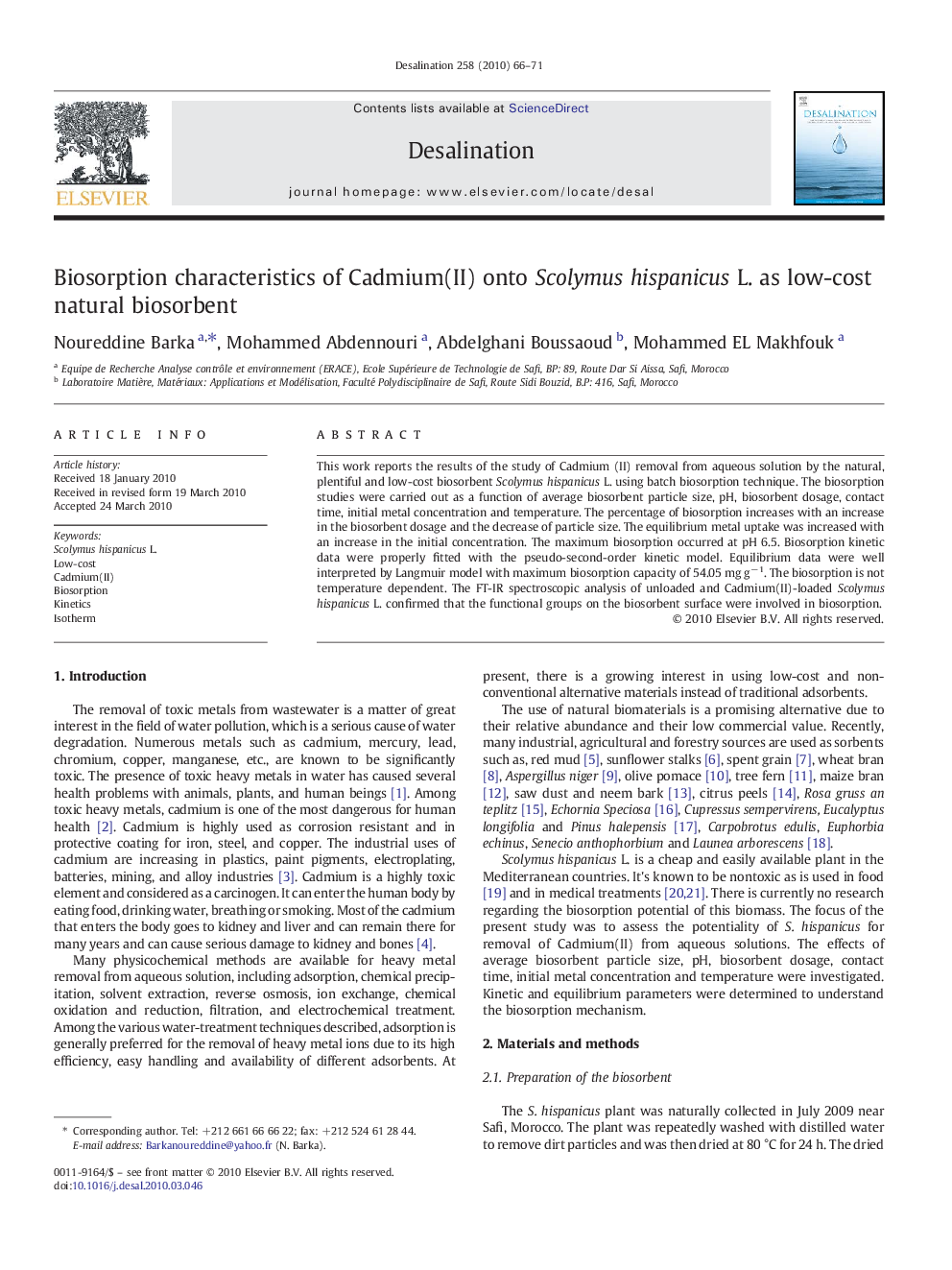 Biosorption characteristics of Cadmium(II) onto Scolymus hispanicus L. as low-cost natural biosorbent