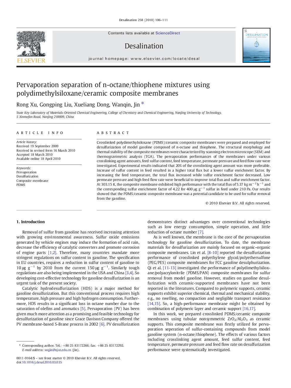 Pervaporation separation of n-octane/thiophene mixtures using polydimethylsiloxane/ceramic composite membranes