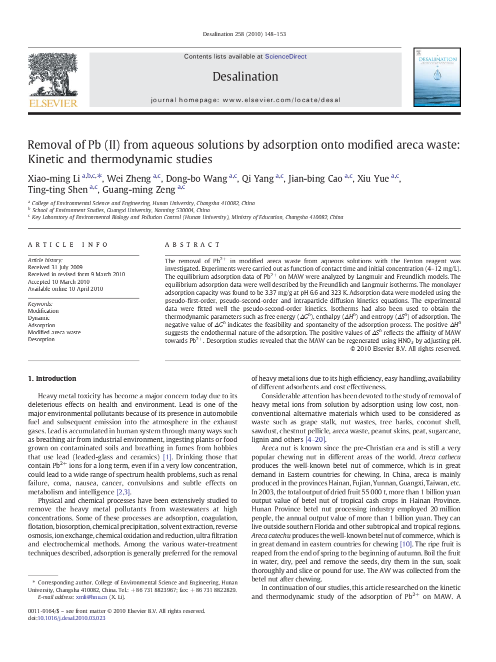 Removal of Pb (II) from aqueous solutions by adsorption onto modified areca waste: Kinetic and thermodynamic studies