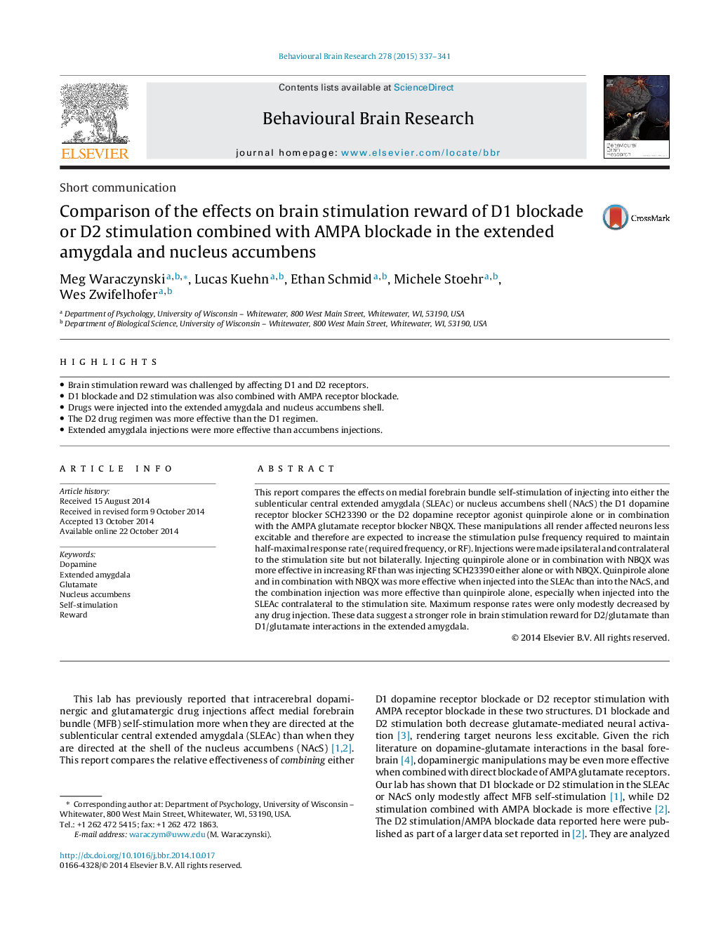 Short communicationComparison of the effects on brain stimulation reward of D1 blockade or D2 stimulation combined with AMPA blockade in the extended amygdala and nucleus accumbens