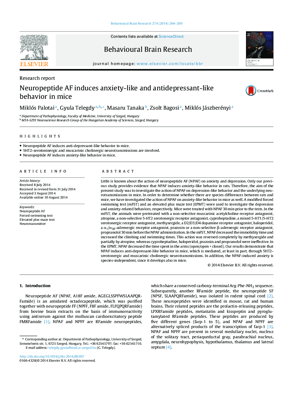 Research reportNeuropeptide AF induces anxiety-like and antidepressant-like behavior in mice