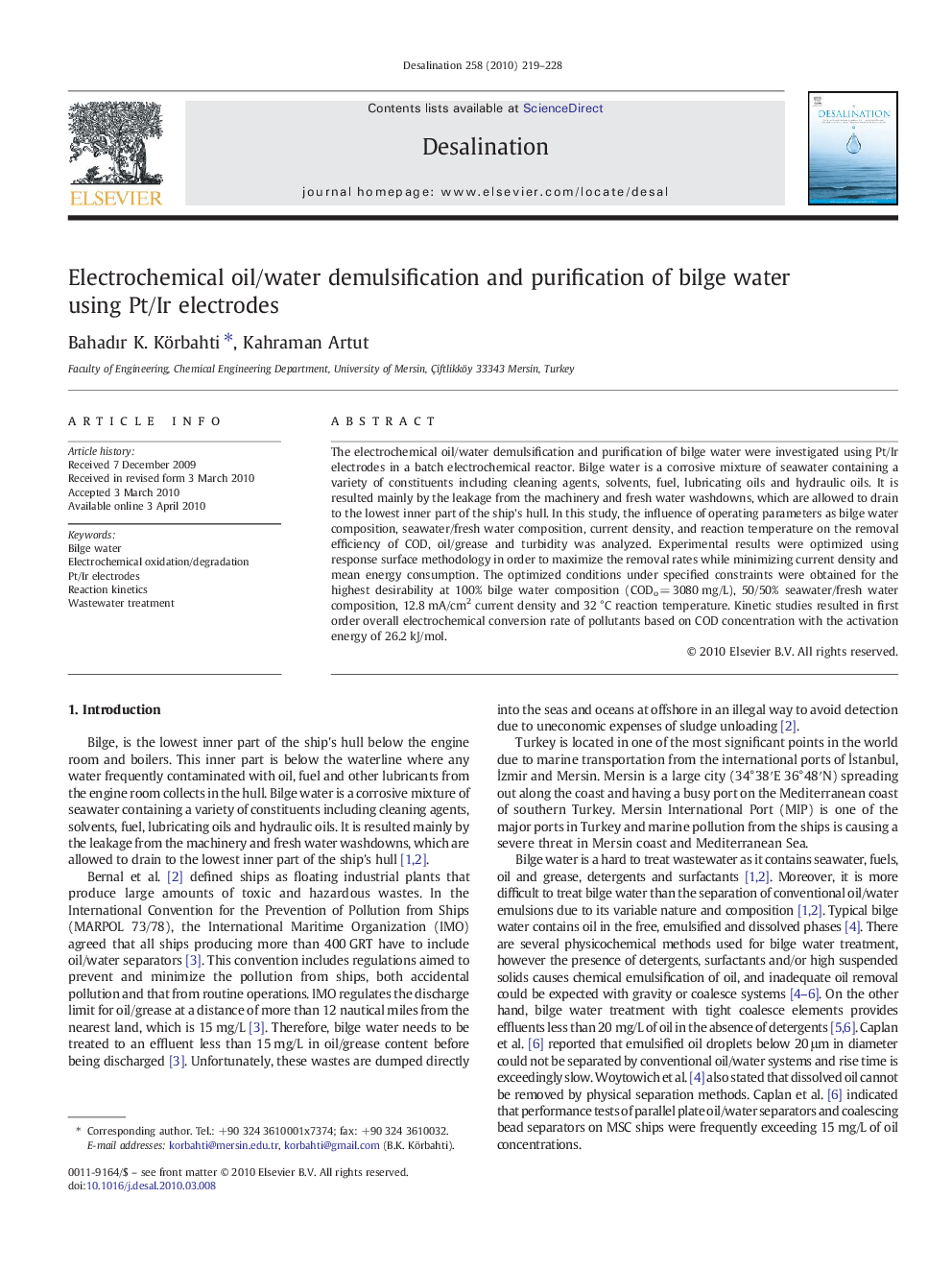 Electrochemical oil/water demulsification and purification of bilge water using Pt/Ir electrodes